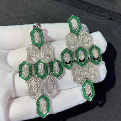 Bvlgari Serpenti Earrings 18k White Gold 3.66 Ct Full Diamond Pave and Emerald