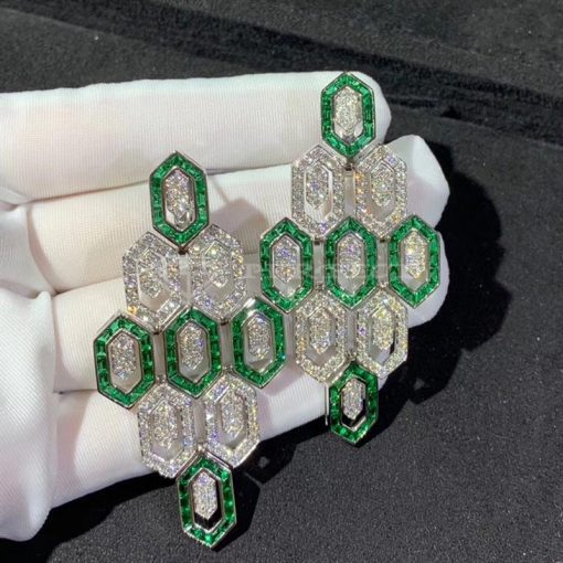 Bvlgari Serpenti Earrings 18k White Gold 3.66 Ct Full Diamond Pave and Emerald