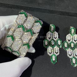 Bvlgari Serpenti Earrings 18k White Gold 3.66 Ct Full Diamond Pave and Emerald