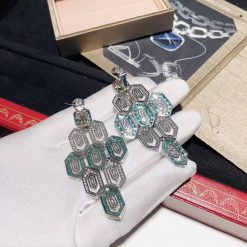 Bvlgari Serpenti Earrings 18k White Gold 3.66 Ct Full Diamond Pave and Emerald