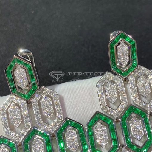 Bvlgari Serpenti Earrings 18k White Gold 3.66 Ct Full Diamond Pave and Emerald