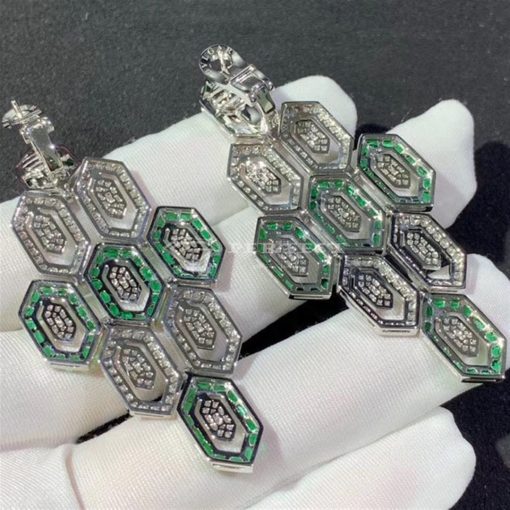 Bvlgari Serpenti Earrings 18k White Gold 3.66 Ct Full Diamond Pave and Emerald