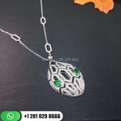 REF . 352752 Serpenti necklace in 18 kt white gold, set with emerald eyes and pavé diamonds both on the chain and the pendant.