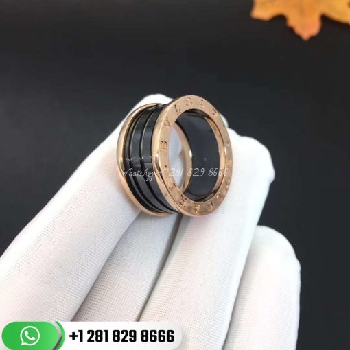 REF . 346520 B.zero1 four-band ring with two 18 kt rose gold loops and a black ceramic spiral.