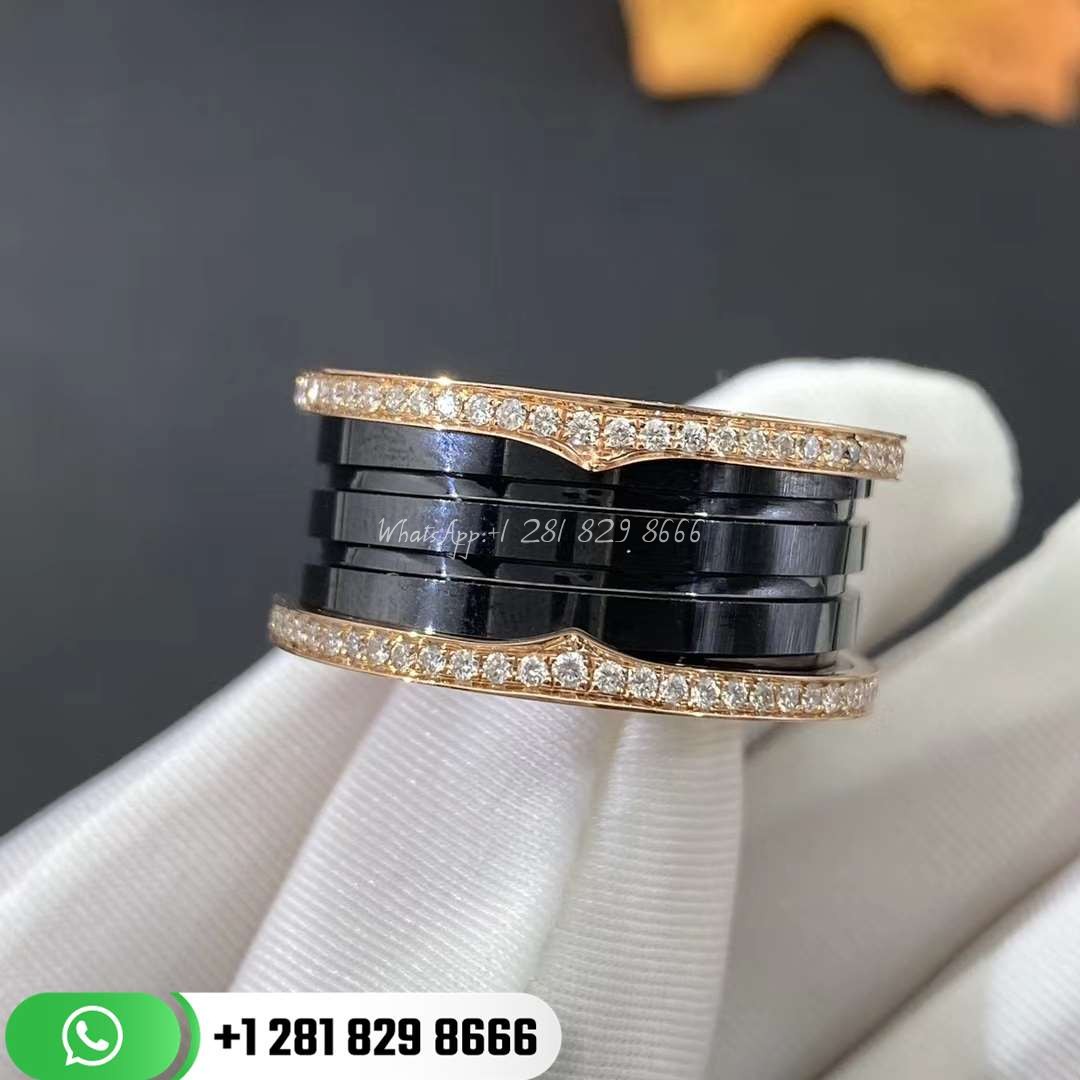 bvlgari_bzero1_four-band_ring_with_two_loops_set_with_pavé_diamonds_black_ceramic_spiral_ (1) REF . 349924 B.zero1 four-band ring with two 18 kt rose gold loops set with pavé diamonds on the edges and a black ceramic spiral.