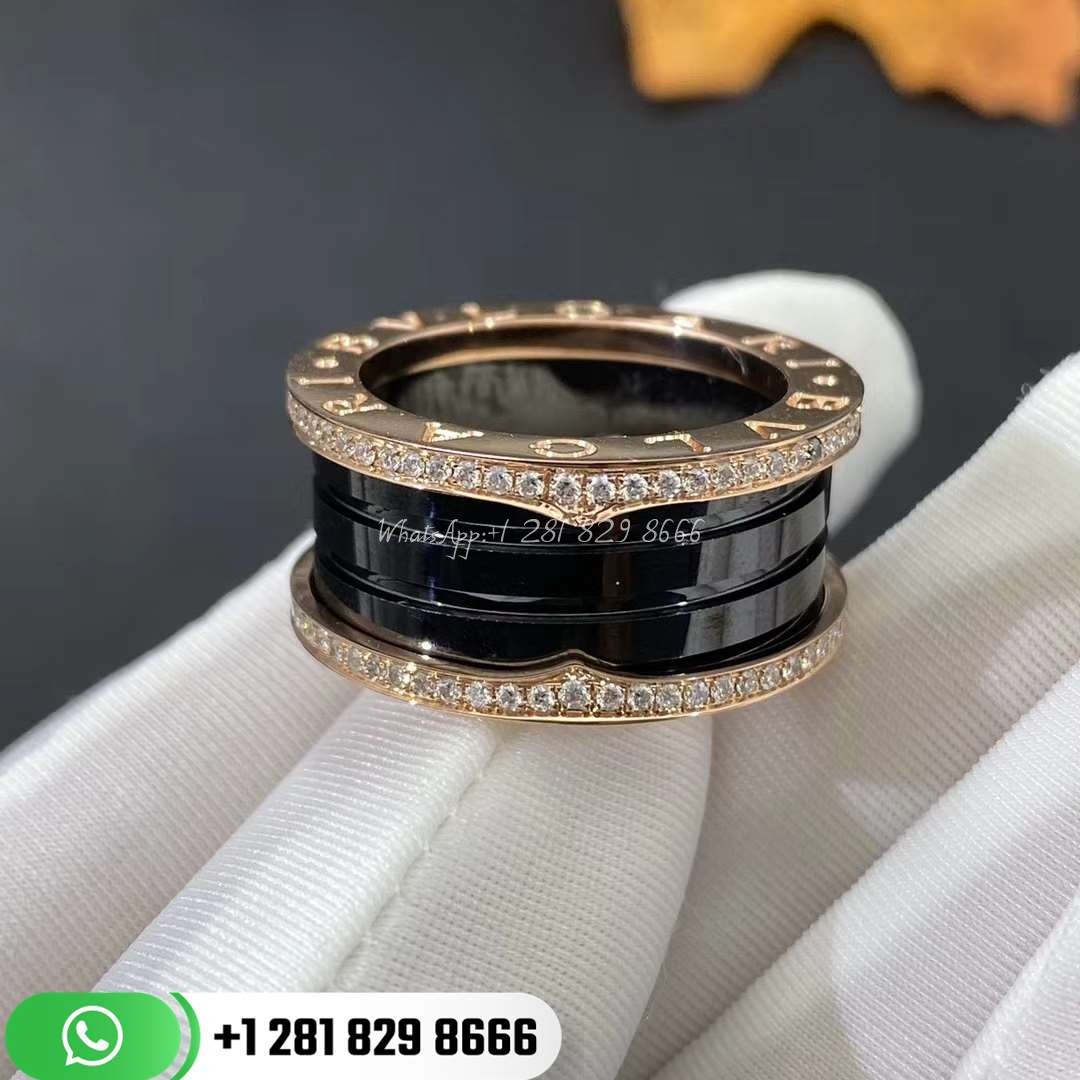 bvlgari_bzero1_four-band_ring_with_two_loops_set_with_pavé_diamonds_black_ceramic_spiral_ (2) REF . 349924 B.zero1 four-band ring with two 18 kt rose gold loops set with pavé diamonds on the edges and a black ceramic spiral.