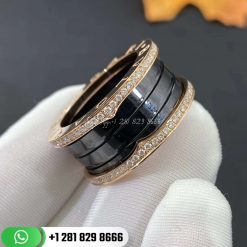 REF . 349924 B.zero1 four-band ring with two 18 kt rose gold loops set with pavé diamonds on the edges and a black ceramic spiral.