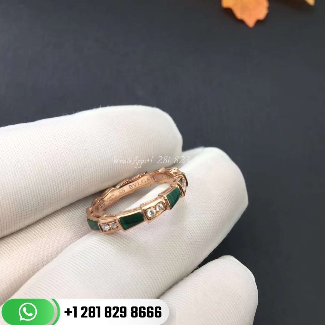 bvlgari_serpenti_thin_ring_set_with_malachite_elements_and_pavé_diamonds_ (2) REF . 356764 Serpenti 18 kt rose gold ring with malachite inserts and pavé diamonds (0.31 ct). Width 4 mm.
