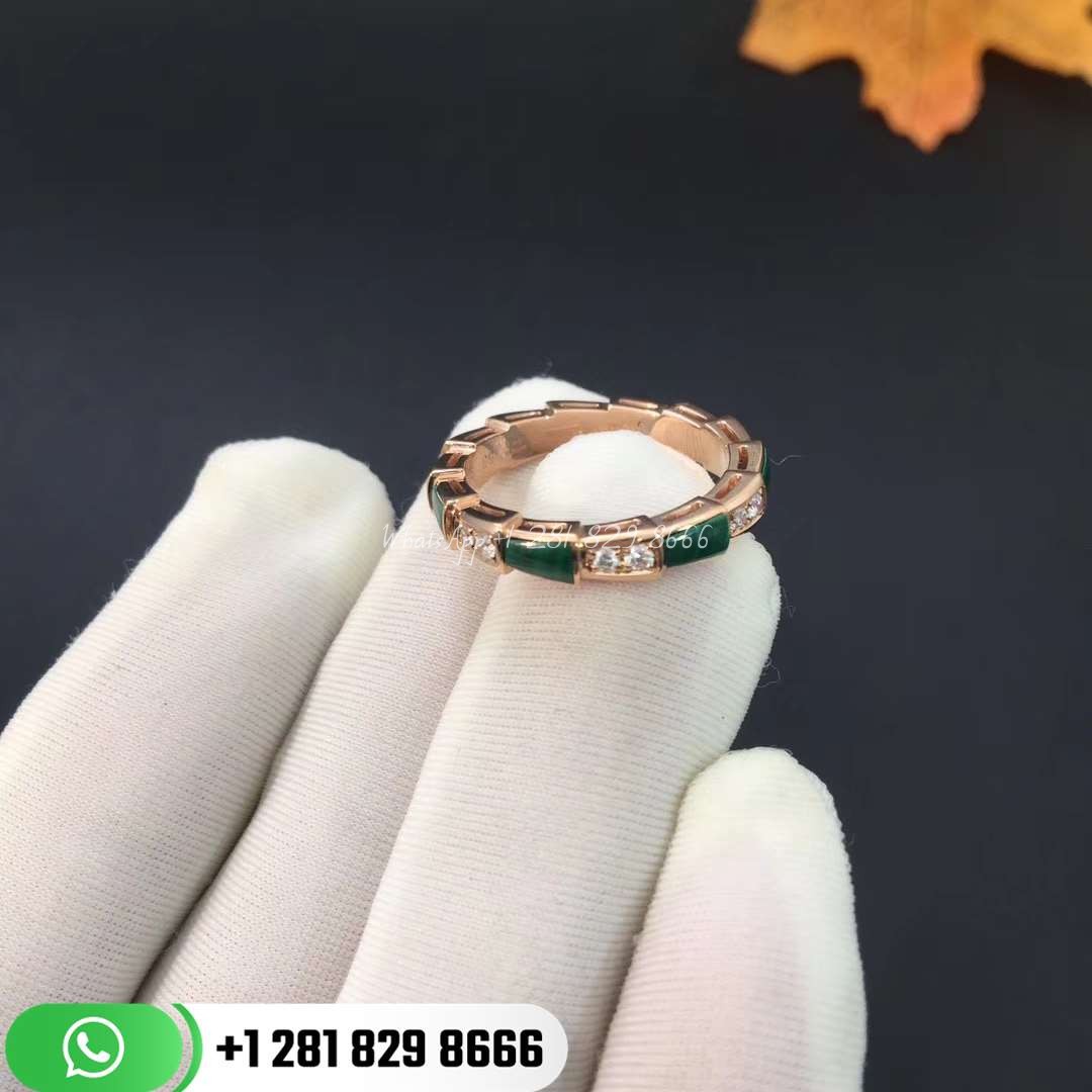 bvlgari_serpenti_thin_ring_set_with_malachite_elements_and_pavé_diamonds_ (6) REF . 356764 Serpenti 18 kt rose gold ring with malachite inserts and pavé diamonds (0.31 ct). Width 4 mm.