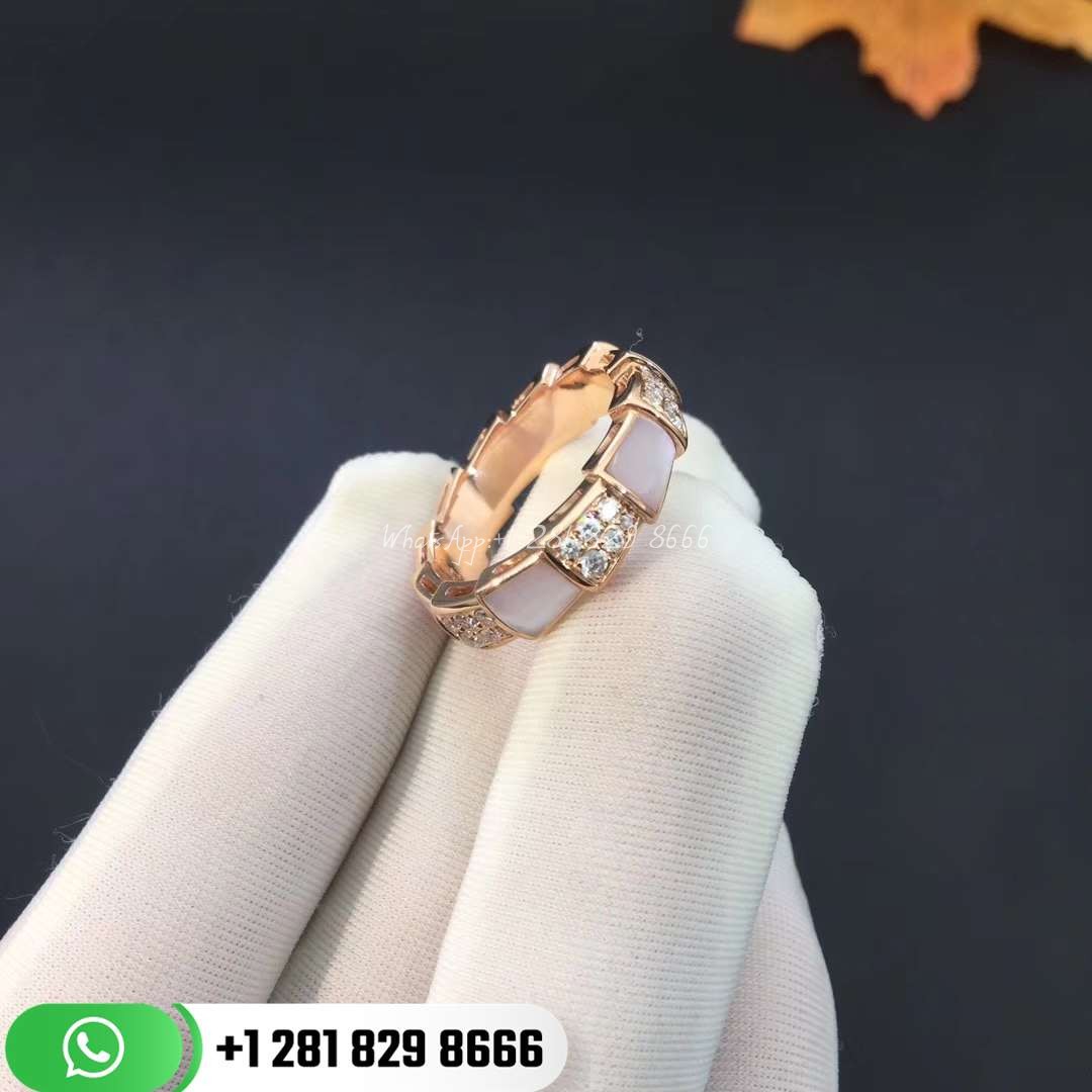 bvlgari_serpenti_viper_band_ring_set_with_mother-of-pearl_elements_and_pavé_diamonds_ (2) REF . 353228 Serpenti Viper band ring in 18 kt rose gold set with mother-of-pearl elements and pavé diamonds (053 ct).