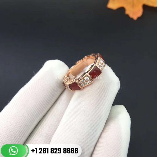 REF . 353348 Serpenti Viper band ring in 18 kt rose gold set with carnelian elements and pavé diamonds (0.53 ct).