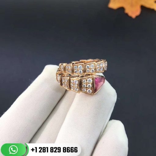 Bvlgari Serpenti Ring in 18K Rose Gold Set with Diamonds and a Rubellite on the Head