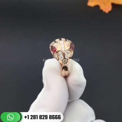 Bvlgari Serpenti Ring in 18K Rose Gold Set with Rubellite Eyes and Full Pavé Diamonds