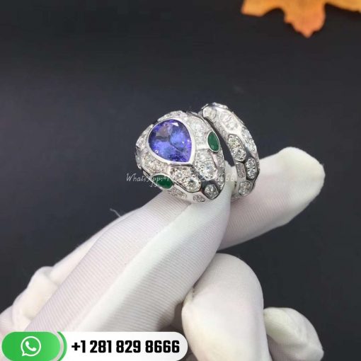 REF . AN858337 Serpenti ring in 18 kt white gold with blue sapphire, emeralds and pavé diamonds