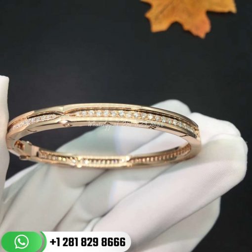 Bvlgari B.zero1 Bangle Bracelet in 18k Rose Gold, Set with Pavé Diamonds on the Spiral