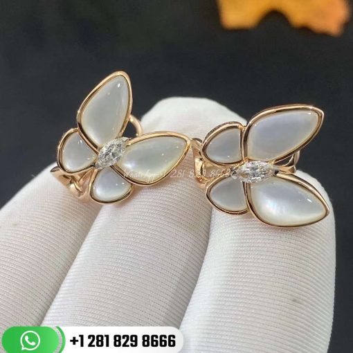 VCARO8FN00 Two Butterfly earrings, rose gold, white mother-of-pearl, white gold, marquise-cut diamonds, diamond quality DEF, IF to VVS.