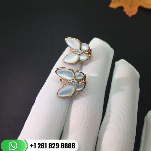 VCARO8FN00 Two Butterfly earrings, rose gold, white mother-of-pearl, white gold, marquise-cut diamonds, diamond quality DEF, IF to VVS.
