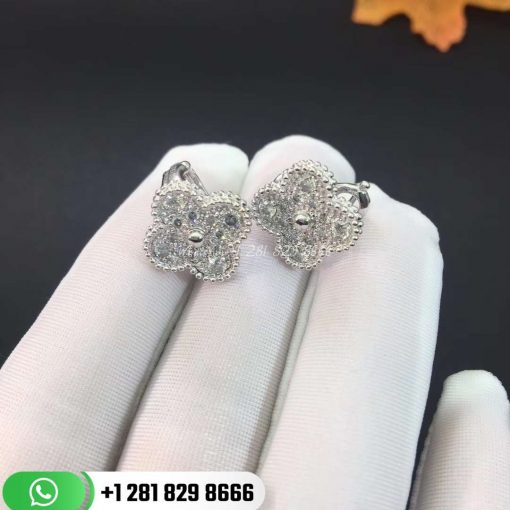 VCARA44600 Vintage Alhambra earrings, white gold, round diamonds; diamond quality DEF, IF to VVS.