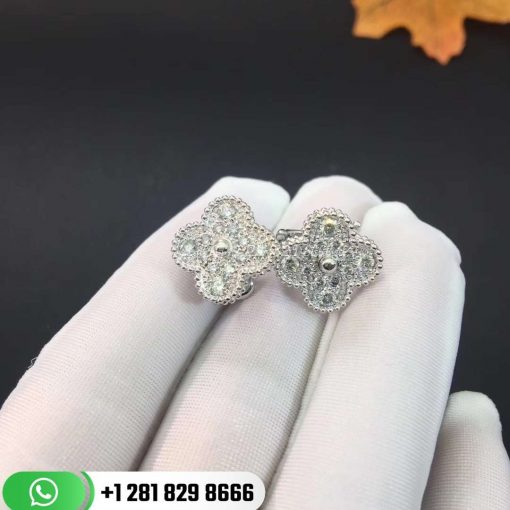 VCARA44600 Vintage Alhambra earrings, white gold, round diamonds; diamond quality DEF, IF to VVS.