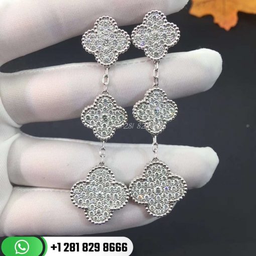 VCARN9MR00 Magic Alhambra earrings, 3 motifs, white gold, round diamonds; diamond quality DEF, IF to VVS.