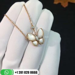 VCARO8FO00 Two Butterfly pendant, rose gold, white mother-of-pearl, round diamond, white gold, marquise diamond, diamond quality DEF, IF to VVS.