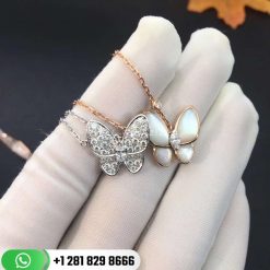 VCARO8FO00 Two Butterfly pendant, rose gold, white mother-of-pearl, round diamond, white gold, marquise diamond, diamond quality DEF, IF to VVS.