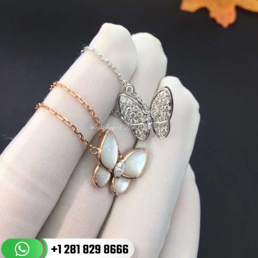 VCARO8FO00 Two Butterfly pendant, rose gold, white mother-of-pearl, round diamond, white gold, marquise diamond, diamond quality DEF, IF to VVS.