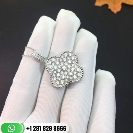 VCARN9MS00 Magic Alhambra pendant, white gold, round diamonds; diamond quality DEF, IF to VVS.