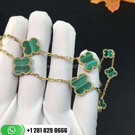 VCARO3QJ00 Vintage Alhambra necklace, 10 motifs, yellow gold, malachite.