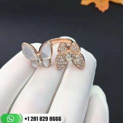 VCARO7AL00 Two Butterfly Between the Finger ring, rose gold, white mother-of-pearl, round diamonds, white gold, marquise diamonds, diamond quality DEF, IF to VVS.