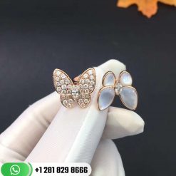 VCARO7AL00 Two Butterfly Between the Finger ring, rose gold, white mother-of-pearl, round diamonds, white gold, marquise diamonds, diamond quality DEF, IF to VVS.