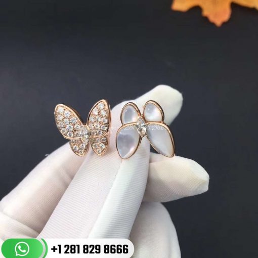 VCARO7AL00 Two Butterfly Between the Finger ring, rose gold, white mother-of-pearl, round diamonds, white gold, marquise diamonds, diamond quality DEF, IF to VVS.