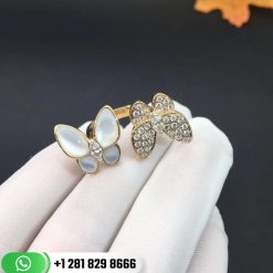 VCARO7AL00 Two Butterfly Between the Finger ring, yellow gold, white mother-of-pearl, round diamonds, white gold, marquise diamonds, diamond quality DEF, IF to VVS.