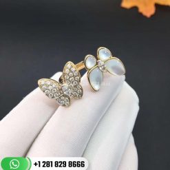 VCARO7AL00 Two Butterfly Between the Finger ring, yellow gold, white mother-of-pearl, round diamonds, white gold, marquise diamonds, diamond quality DEF, IF to VVS.
