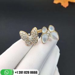 VCARO7AL00 Two Butterfly Between the Finger ring, yellow gold, white mother-of-pearl, round diamonds, white gold, marquise diamonds, diamond quality DEF, IF to VVS.