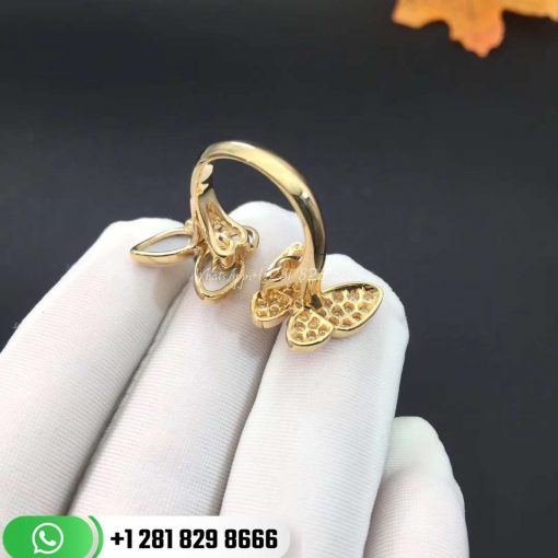 VCARO7AL00 Two Butterfly Between the Finger ring, yellow gold, white mother-of-pearl, round diamonds, white gold, marquise diamonds, diamond quality DEF, IF to VVS.