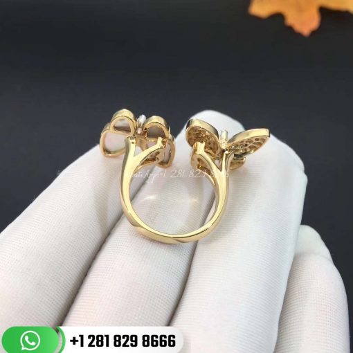 VCARO7AL00 Two Butterfly Between the Finger ring, yellow gold, white mother-of-pearl, round diamonds, white gold, marquise diamonds, diamond quality DEF, IF to VVS.