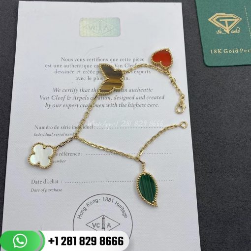 VCARD79600 Lucky Alhambra bracelet, 4 motifs, yellow gold, carnelian, tiger’s eye, white mother-of-pearl, malachite.