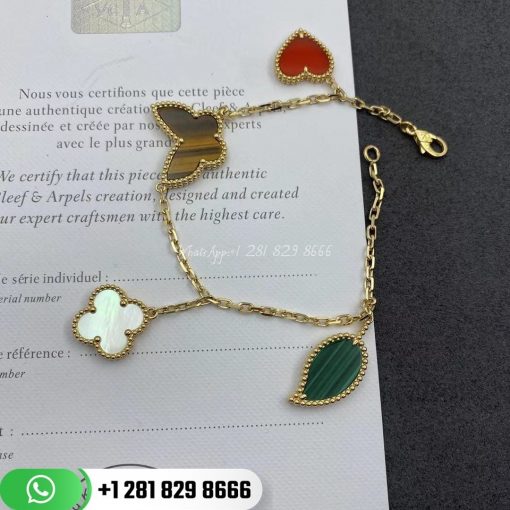 VCARD79600 Lucky Alhambra bracelet, 4 motifs, yellow gold, carnelian, tiger’s eye, white mother-of-pearl, malachite.