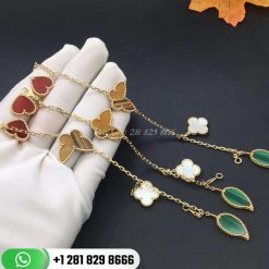 VCARD79600 Lucky Alhambra bracelet, 4 motifs, yellow gold, carnelian, tiger’s eye, white mother-of-pearl, malachite.