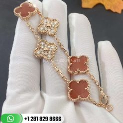 VCARO7GQ00 Vintage Alhambra bracelet, 5 motifs, yellow gold, carnelian, round diamonds; diamond quality DEF, IF to VVS.