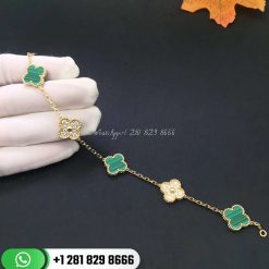 VCARO7GQ00 Vintage Alhambra bracelet, 5 motifs, yellow gold, malachite, round diamonds; diamond quality DEF, IF to VVS.