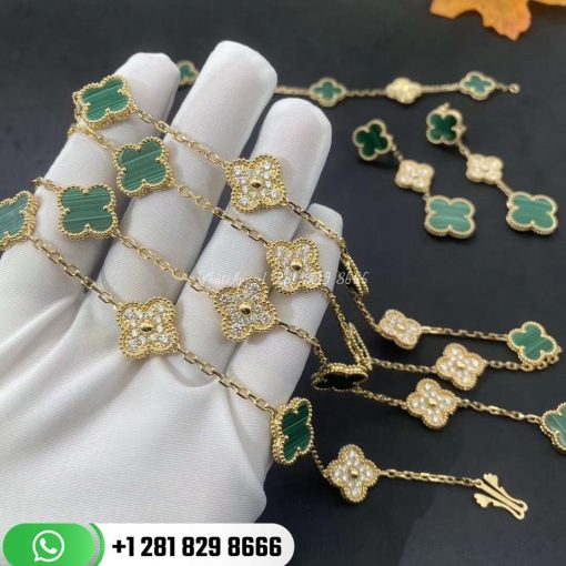 VCARO7GQ00 Vintage Alhambra bracelet, 5 motifs, yellow gold, malachite, round diamonds; diamond quality DEF, IF to VVS.