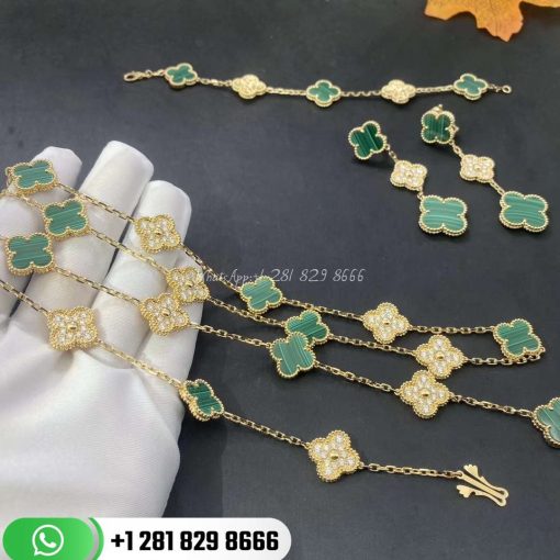 VCARO7GQ00 Vintage Alhambra bracelet, 5 motifs, yellow gold, malachite, round diamonds; diamond quality DEF, IF to VVS.