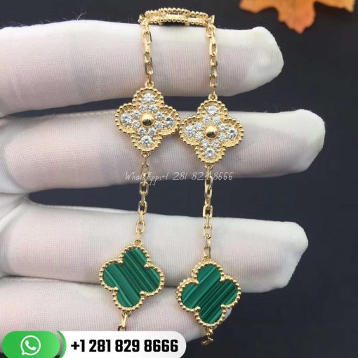 VCARO7GQ00 Vintage Alhambra bracelet, 5 motifs, yellow gold, malachite, round diamonds; diamond quality DEF, IF to VVS.