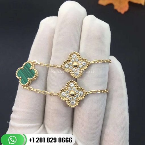 VCARO7GQ00 Vintage Alhambra bracelet, 5 motifs, yellow gold, malachite, round diamonds; diamond quality DEF, IF to VVS.