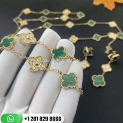 VCARO7GQ00 Vintage Alhambra bracelet, 5 motifs, yellow gold, malachite, round diamonds; diamond quality DEF, IF to VVS.