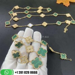 VCARO7GQ00 Vintage Alhambra bracelet, 5 motifs, yellow gold, malachite, round diamonds; diamond quality DEF, IF to VVS.