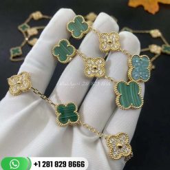 VCARO7GQ00 Vintage Alhambra bracelet, 5 motifs, yellow gold, malachite, round diamonds; diamond quality DEF, IF to VVS.