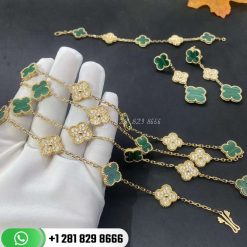 VCARO7GQ00 Vintage Alhambra bracelet, 5 motifs, yellow gold, malachite, round diamonds; diamond quality DEF, IF to VVS.